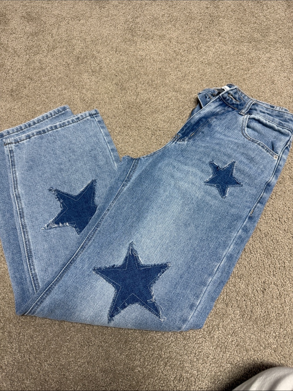 Forever 21 Light Blue Denim Boyfriend Jeans with Dark Blue Star Patches